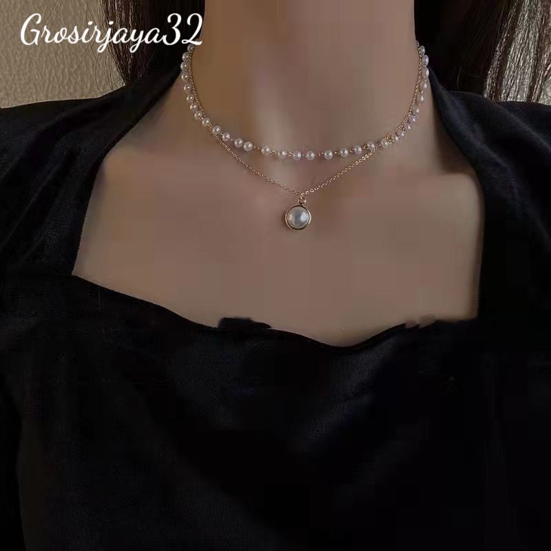 Kalung Amelia Choker Rantai Klavikula Double Layer Aksen Mutiara Korean Import