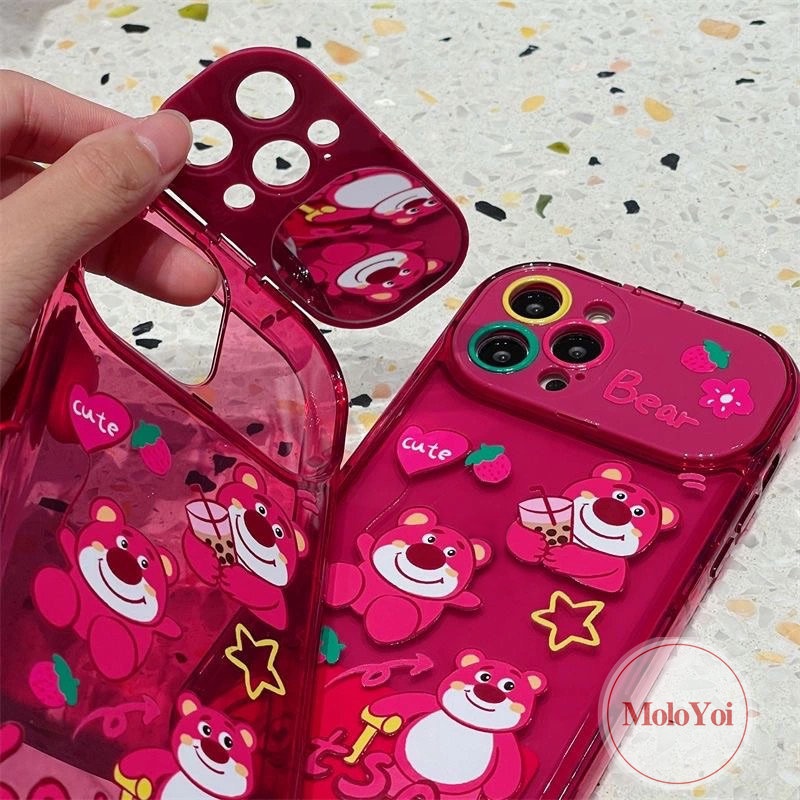 IPHONE Case Manyo Beruang Strawberry Kartun Lucu Kompatibel Untuk Iphone11 14 12 13 Pro MAX XR 7 8 14 Plus X XS MAX SE 2020 Flip Make Up Cermin Shockproof Soft Case