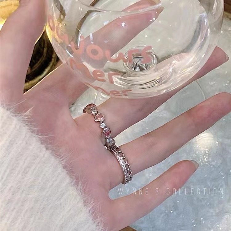 IFYOU Cincin Hati Zirkon Pink Untuk Wanita Pembukaan Yang Dapat Disesuaikan Silver Ring Aksesoris Perhiasan