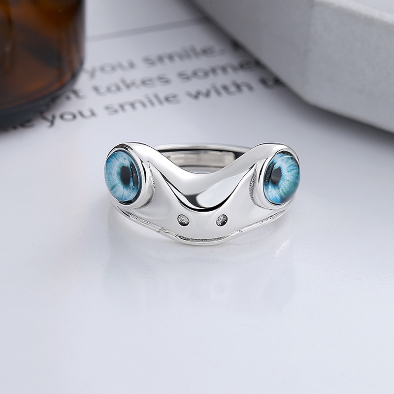 Cincin Wanita Korea Yunchaoxuan S925 Sterling Silver Retro Kreatif Tren Mata Biru Katak Tiga mensi H