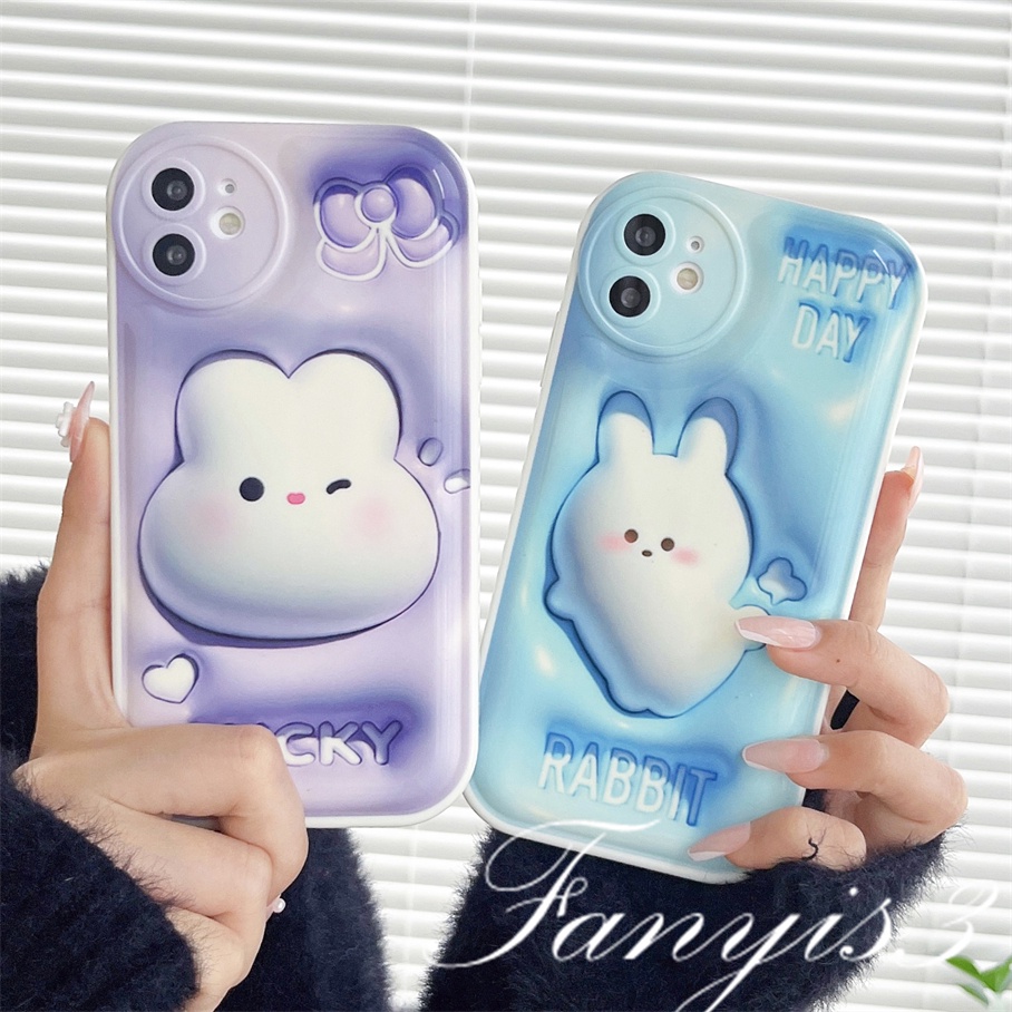 Compatible For iPhone 14 13 12 11 Pro Max X XR Xs Max 8 7 6 6s Plus SE 2020 Kompatibel Untuk Lucky Rabbit 3D Vision Phone Case TPU Soft Cover Pelindung