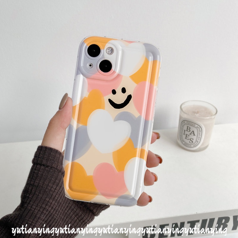 IPHONE Kartun Smiley Colorful Love Heart Case Kompatibel Untuk Iphone11 14 13 12 Pro MAX XR 6 6S 78 Plus X XS MAX Lembut TPU Pelindung Kamera Silicon Shockproof Airbag Back Cover