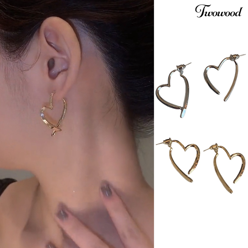 Twowood 1pasang Anting Pejantan Dipoles Electroplating Minimalis Gaya Perancis Cinta Hati Wanita Menjuntai Anting Perhiasan Fashion