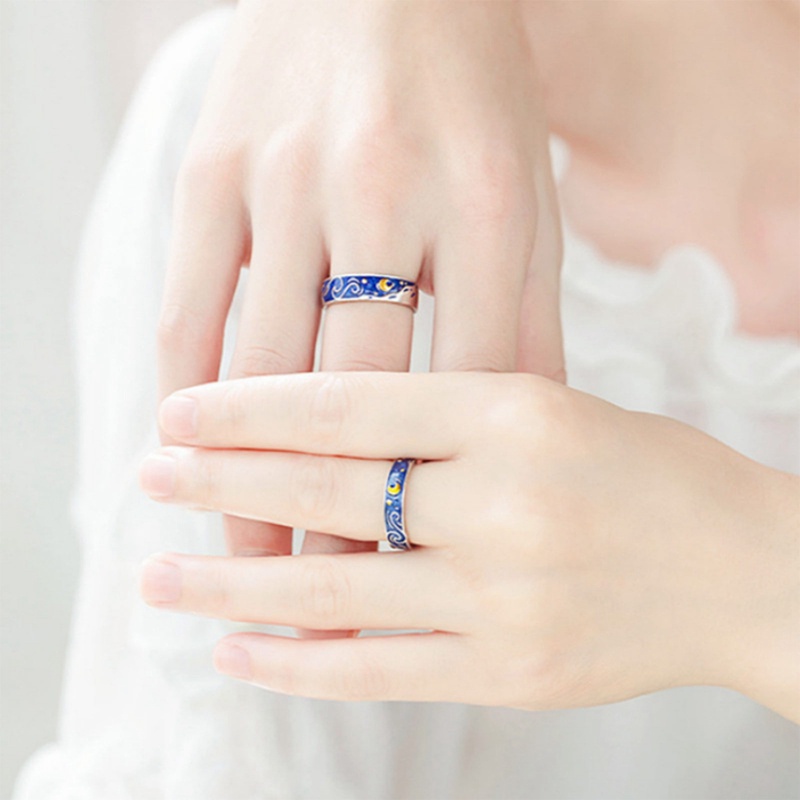 Van Gogh Langit Berbintang Cincin Pasangan Cincin Fashion Wanita Elegan Cincin Wanita Yang Dipersonalisasi Kreatif Matahari Bulan Paduan Plating Berlapis Emas Gaya Punk Hias Cincin