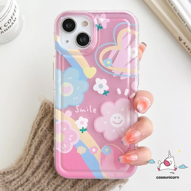 Compatible For iPhone 11 14 13 12 Pro Max 7 8 6 6S Plus XR X XS MAX Ins Korea Lucu Senyum Segar Cat Air Bunga Awan Cinta Hati Lembut TPU Penutup Belakang Shockproof Airbag Case