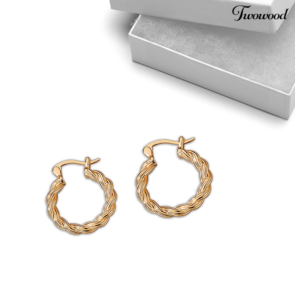 Twowood 1pasang Ear Buckle Design Piercing Hoop Earrings Wanita Retro Braided Twist Round Earrings Aksesoris Perhiasan