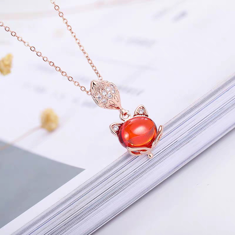 Kalung Desain Rubah | Perhiasan Korundum Warna Merah | Aksesoris Warna Rose Gold 18k Untuk Wanita