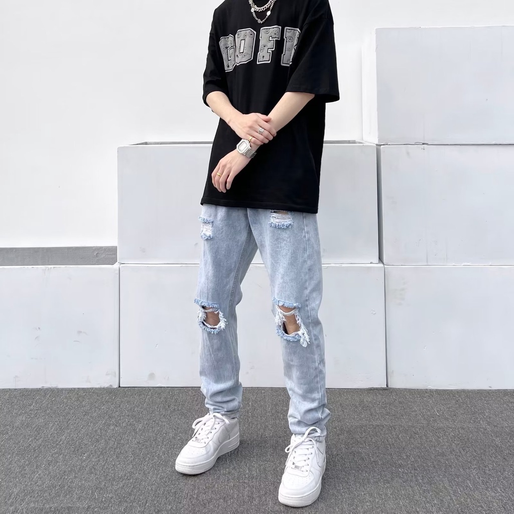 Celana Jeans Pria Ripped Hitam & Biru | Stylish Korean Slim Fit | Casual & Nyaman untuk Sehari-hari