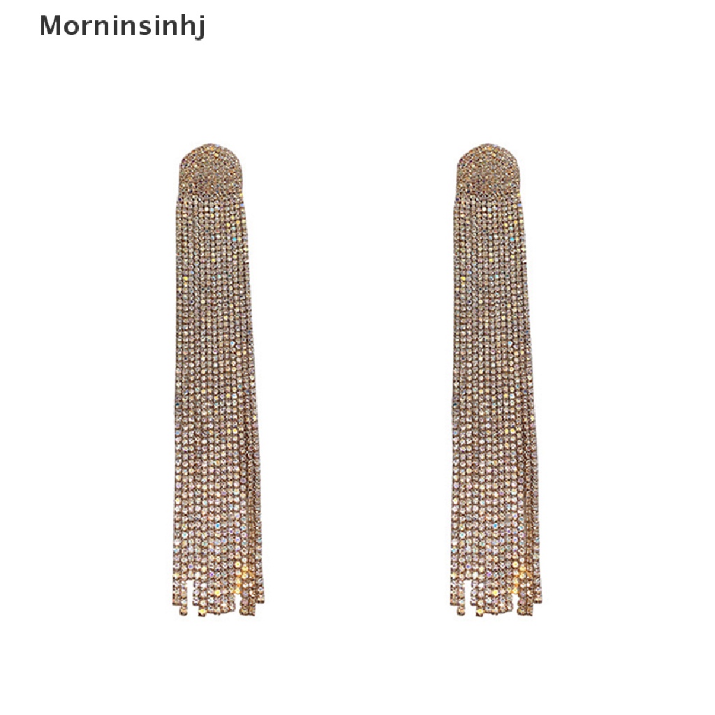 Mornin Rumbai Panjang Penuh Berlian Imitasi Drop Earrings Ovsize Kristal Menjuntai id