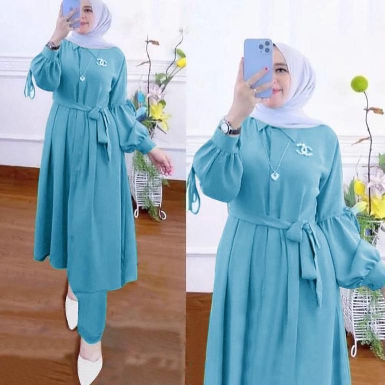 Harga Termurah Setelan Tunik Kekinian/Long Tunik Wanita/Setelan Polos Wanita Kekinian/Baju Stelan Wa