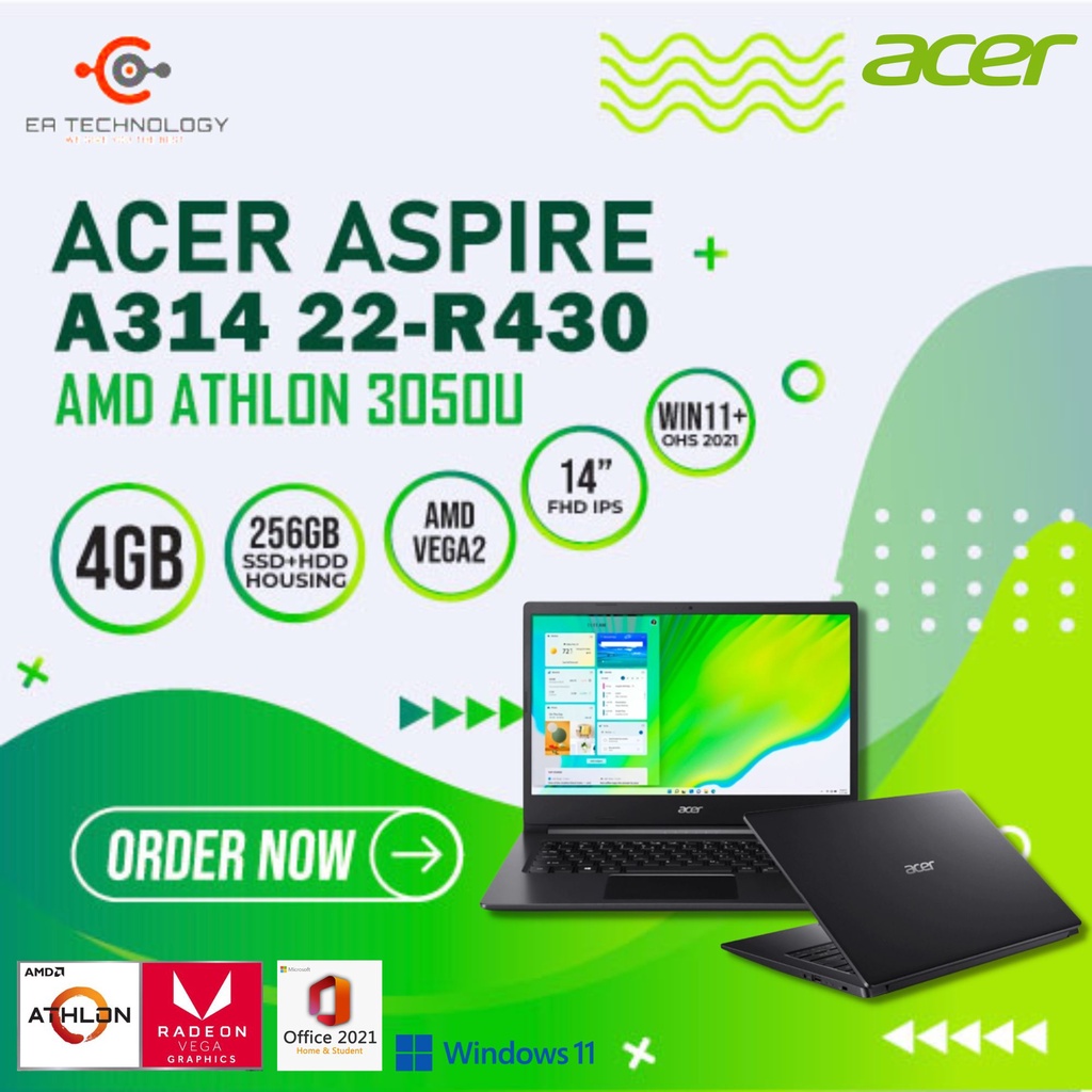 ACER A314 22-R430 AMD ATHLON 3050U 4GB 256SSD+HOUSING FHD IPS W11+OHS