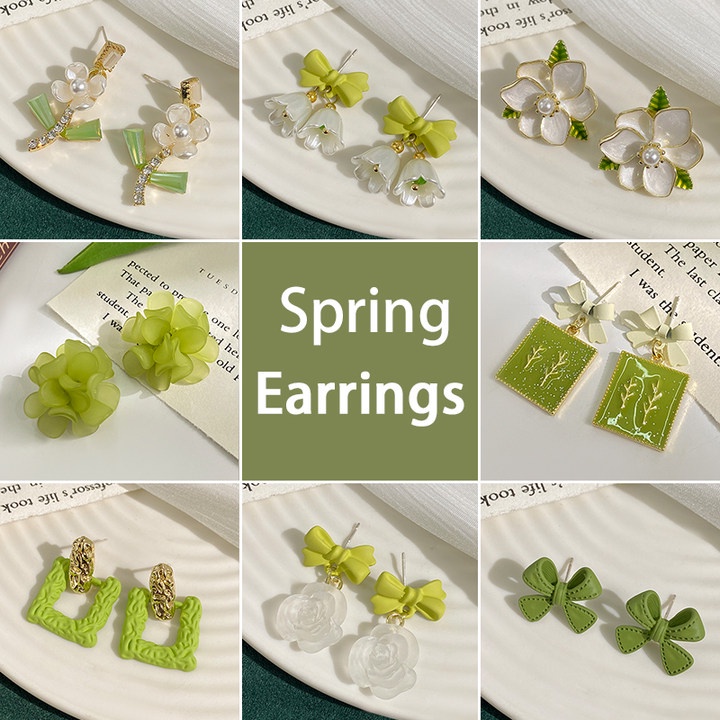 Anting Pejantan Mutiara Hijau Gaya Korea Fashion Bunga Wanita Stud Earrings Aksesoris Fashion