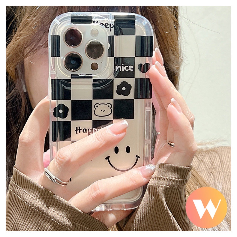 IPHONE Cute Smiley Bear Soft Tpu Case Kompatibel Untuk Iphone11 7Plus 13 11 12 14 Pro Max XR X XS Max6 7 8 6s Plus SE 2020 Pasangan Papan Catur Cinta Hati Airbag Shockproof Cover