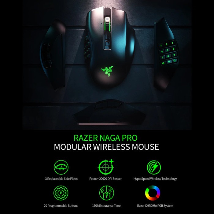 Razer Naga Pro Customizeable MMO Wireless Bluetooth Gaming Mouse