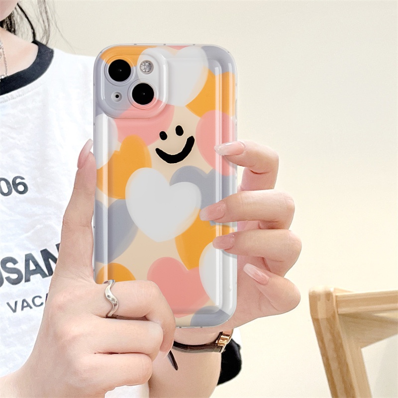 IPHONE Kartun Smiley Case Kompatibel Untuk Iphone11 14 13 12 Pro MAX 6 6S 7 8 Plus XR X XS MAX Warna-Warni Cinta Hati Pelindung Kamera Lembut TPU Silicon Shockproof Airbag Penutup Belakang