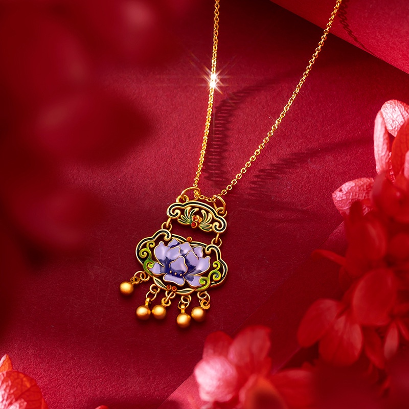 Goldkingdom Perhiasan Fashion Emas Asli Kadar 375Bangkok Aksesoris Ready Stock Enamelled Gaya Retro Liontin Wanita Membakar Biru Cincin Ganda Ruyi Lotus Lock Kalung