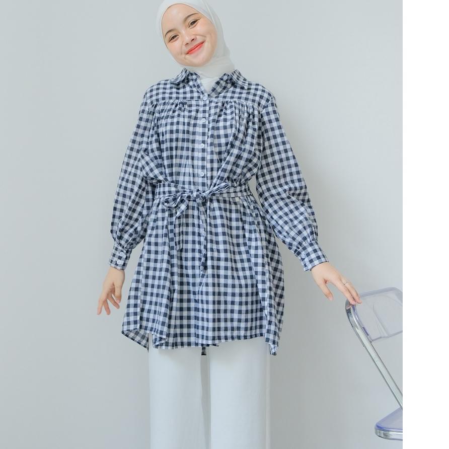 ♣ Mayoutfit Jieva Tunic | Tunik Tali Pinggang Layer Motif Gingham Kotak ♥