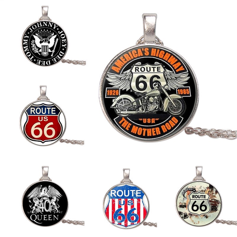 Kalung Rantai Dengan Liontin Kaca Motif Bendera Amerika Route 66 Gaya Hip Hop Punk Untuk Pria / Wanita