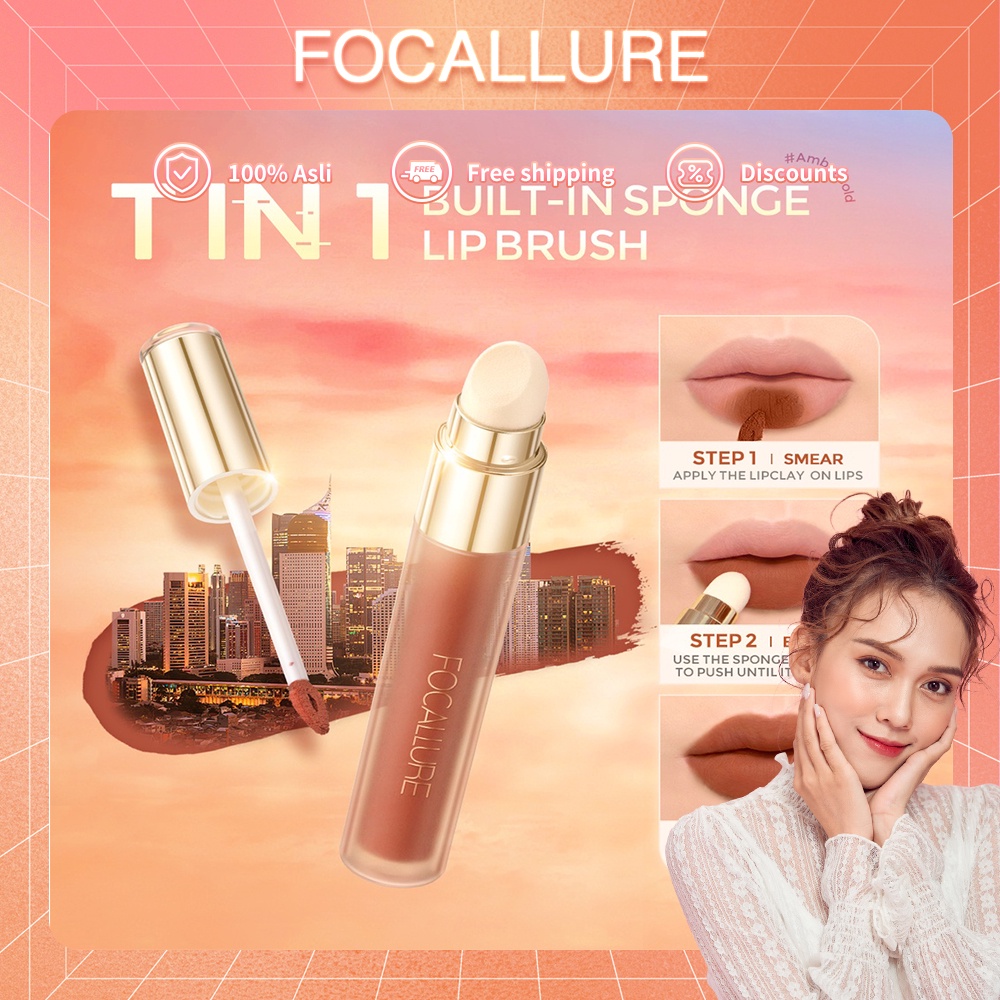 FOCALLURE #AmberGold Velvet Matte Lip Clay 2 in 1 Multi-use Sponge Lip Brush Lipstik Madam Kosmetik Original Lipst Spong