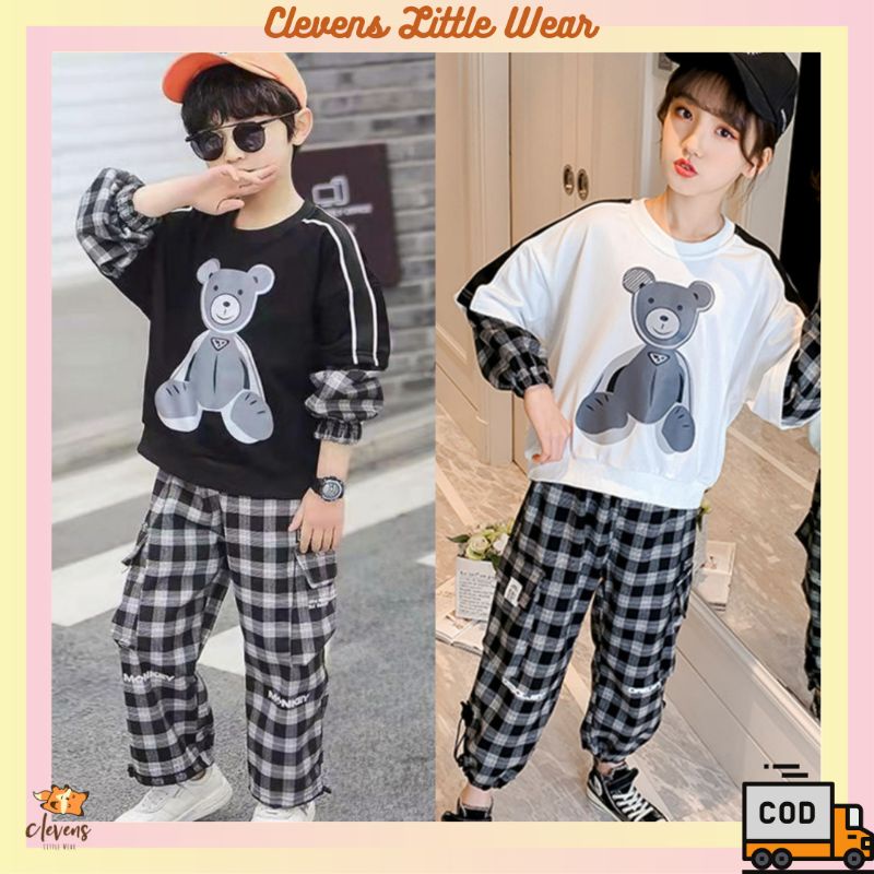 CLV BW Bear Tartan Set / Setelan Anak Unisex Import 6-10 Tahun / Setelan Anak Perempuan Import / Set