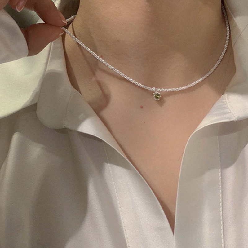 Vintage925 Sterling Silver Kalung Berkilau Klavikula Rantai Berlian Hijau Gypsophila Liontin Kalung Perhiasan Pernikahan Wanita