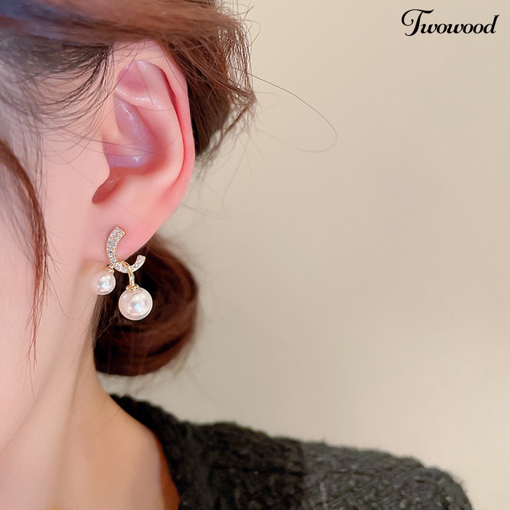 Twowood 1pasang Stud Earrings Dual Faux Pearls Dainty Golden Bling Berlian Imitasi Wanita Drop Earrings Fashion Perhiasan