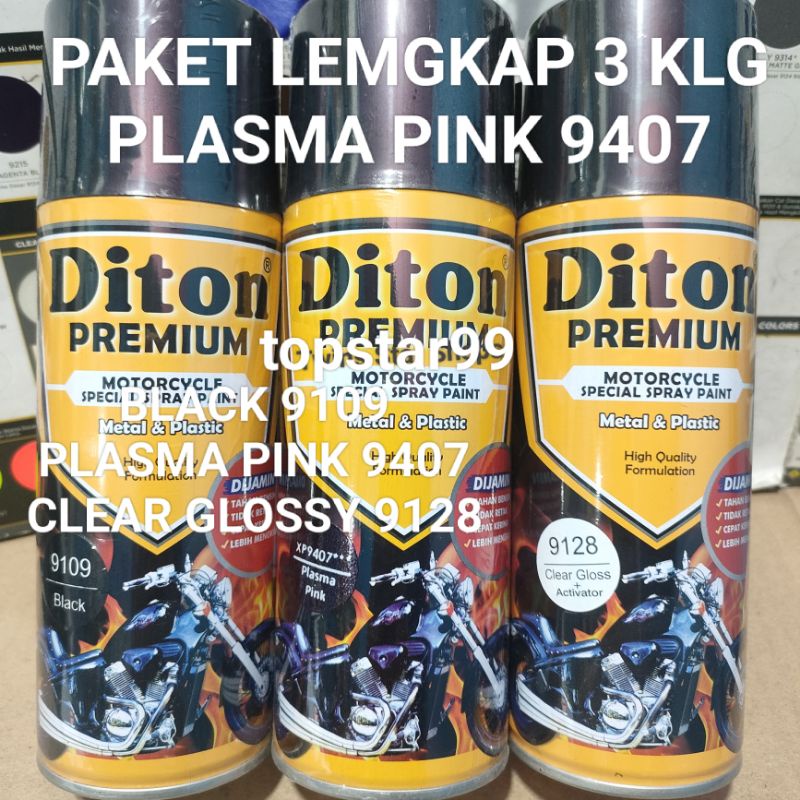 Diton Premium Paket Lengkap 3 Kaleng 400cc Ping Xirallic Xiralic Plasma Pink 9407 Black 9109 Clear Glossy 9128 Pilox Pilok Cat Semprot Spray Paint