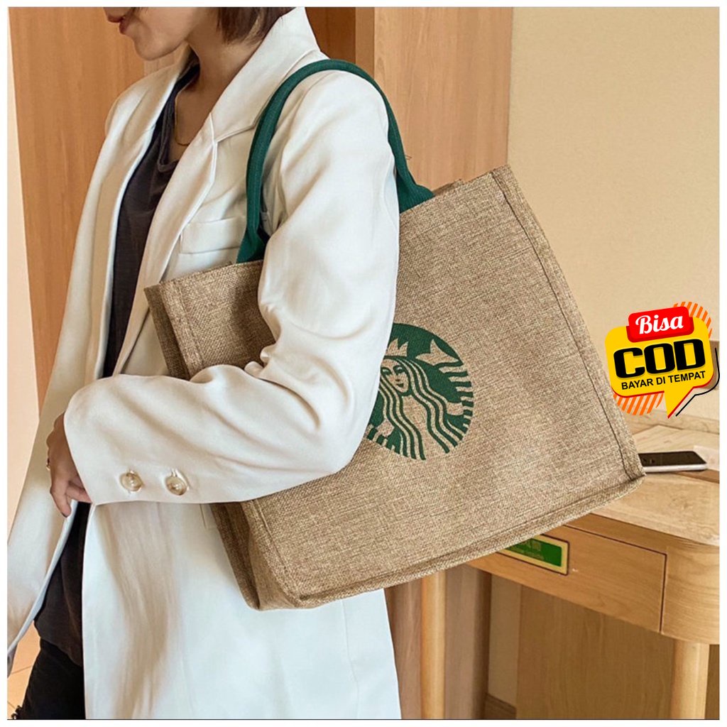 [Bisa COD] Tas Starbucks Tote Bag Import - Tas Bahu Wanita - Tas Selempang Kanvas Besar Ori Jumbo - 