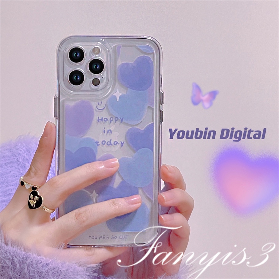 Compatible For iPhone 14 13 12 11 Pro Max X XR Xs Max 8 7 6 6s Plus SE 2020 Kompatibel Untuk Happy Purple Heart Phone Case Clear TPU Soft Cover Pelindung