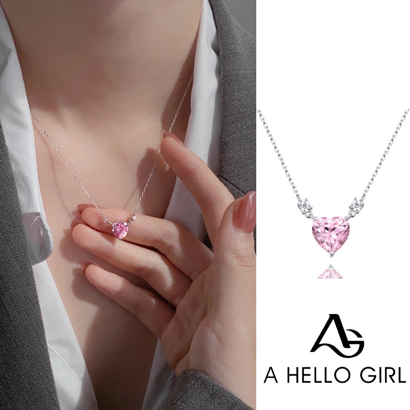 Kalung Rantai Klavikula Hias Liontin Hati Kristal Zirkon Warna Pink Gaya Korea Untuk Wanita