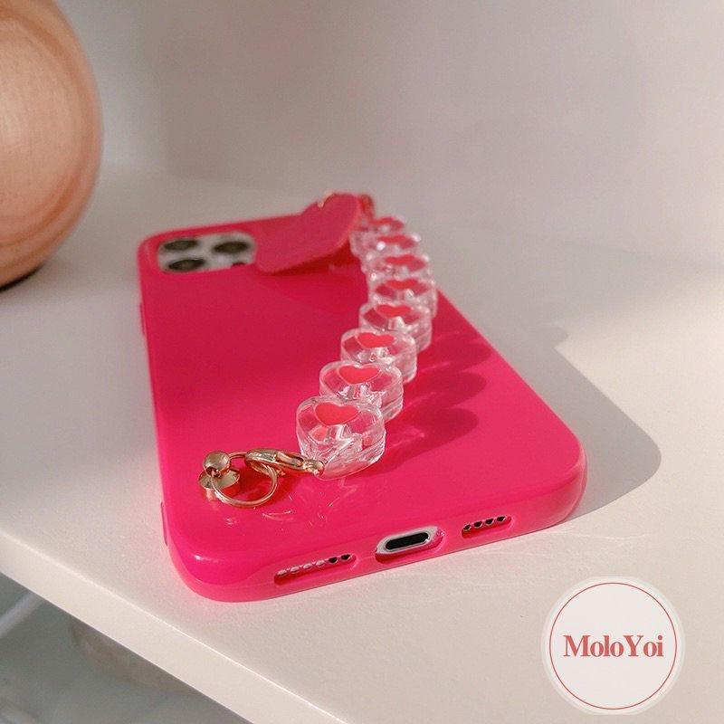 IPHONE Luxury Glossy Rose Red Smooth Case Kompatibel Untuk Iphone14 11 13 12 Pro Max 7Plus X7 8 Plus XR XS Max SE 2020 Simple Warna Solid Soft Tpu Cover Dengan Gelang Love Heart