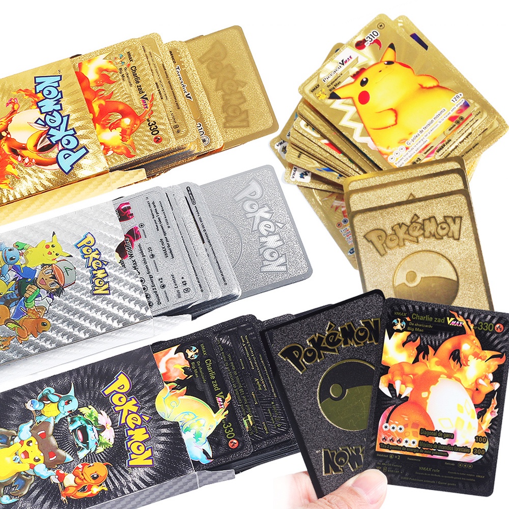 55 Pcs Rainbow foil Emas Kartu Logam Pokemon Versi Inggris Charizard Pikachu Trainer Card Koleksi Permainan Mainan Battle Trainer Cards