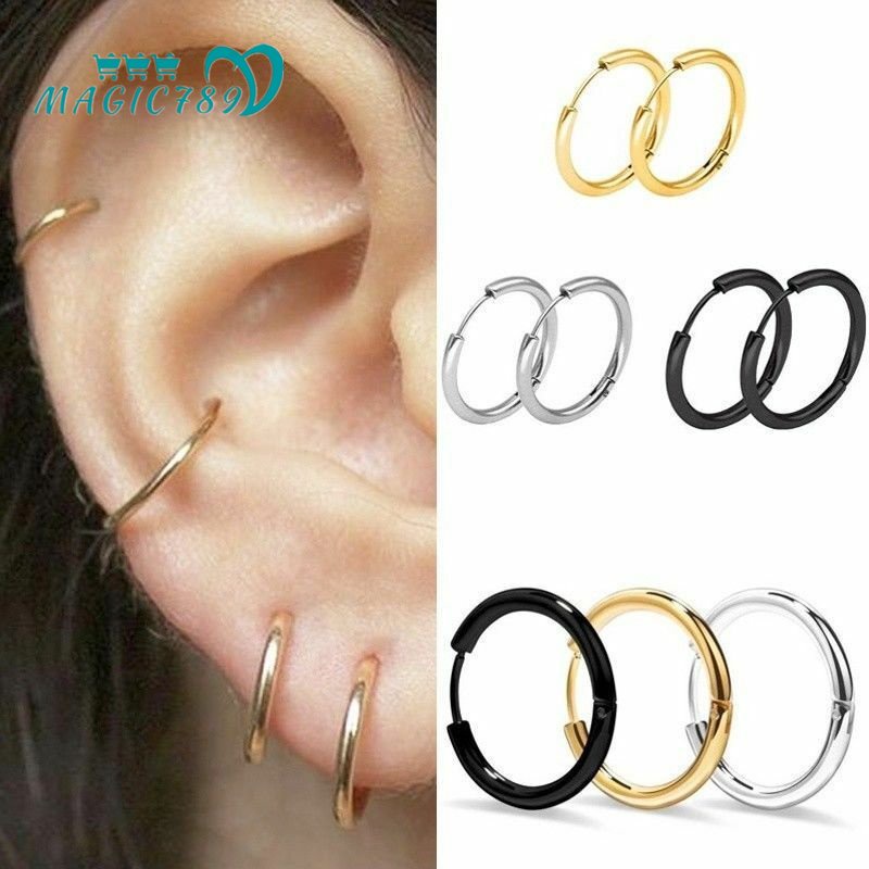 Magic789 3 Pairs s925 Silver Women Punk Small Circle Hoop Earrings Unisex Ear Jewelry