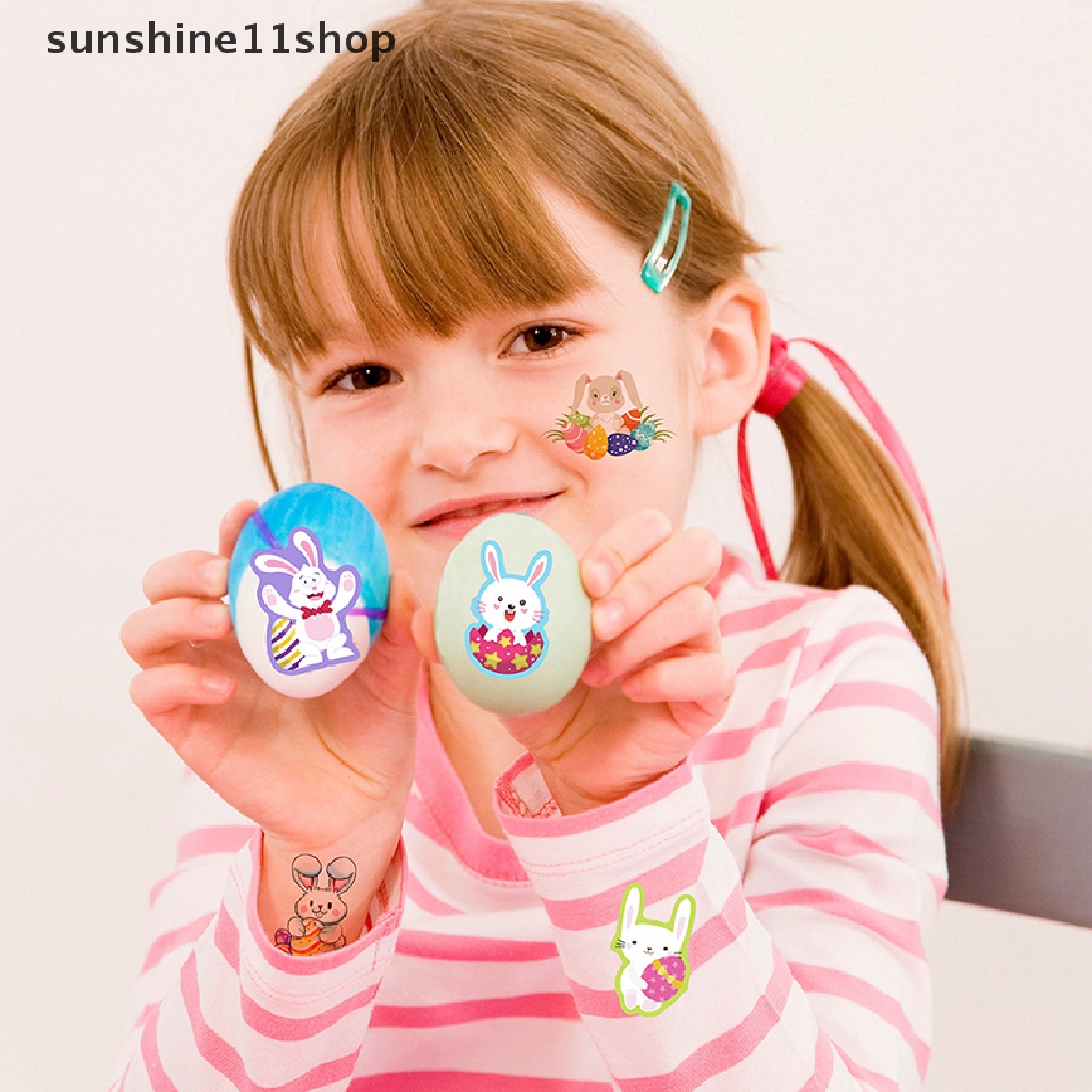 Sho 16lembar Happy Easter Stiker Kartun Kelinci Bunny Telur Paskah Seal Lable Stiker Untuk Anak-Anak DIY Kartu Amplop Alat Tulis Dekorasi N