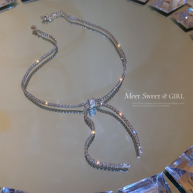 Kalung Rumbai Zircon Choker Rantai Silver Busur Kristal Mewah Untuk Aksesoris Perhiasan Wanita