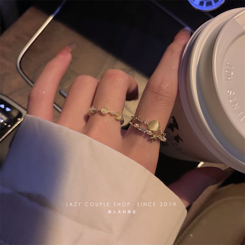 YEEZII Cincin Emas Sederhana Untuk Wanita Elegan Opal Hati Mutiara Kristal Ring Aksesoris Perhiasan