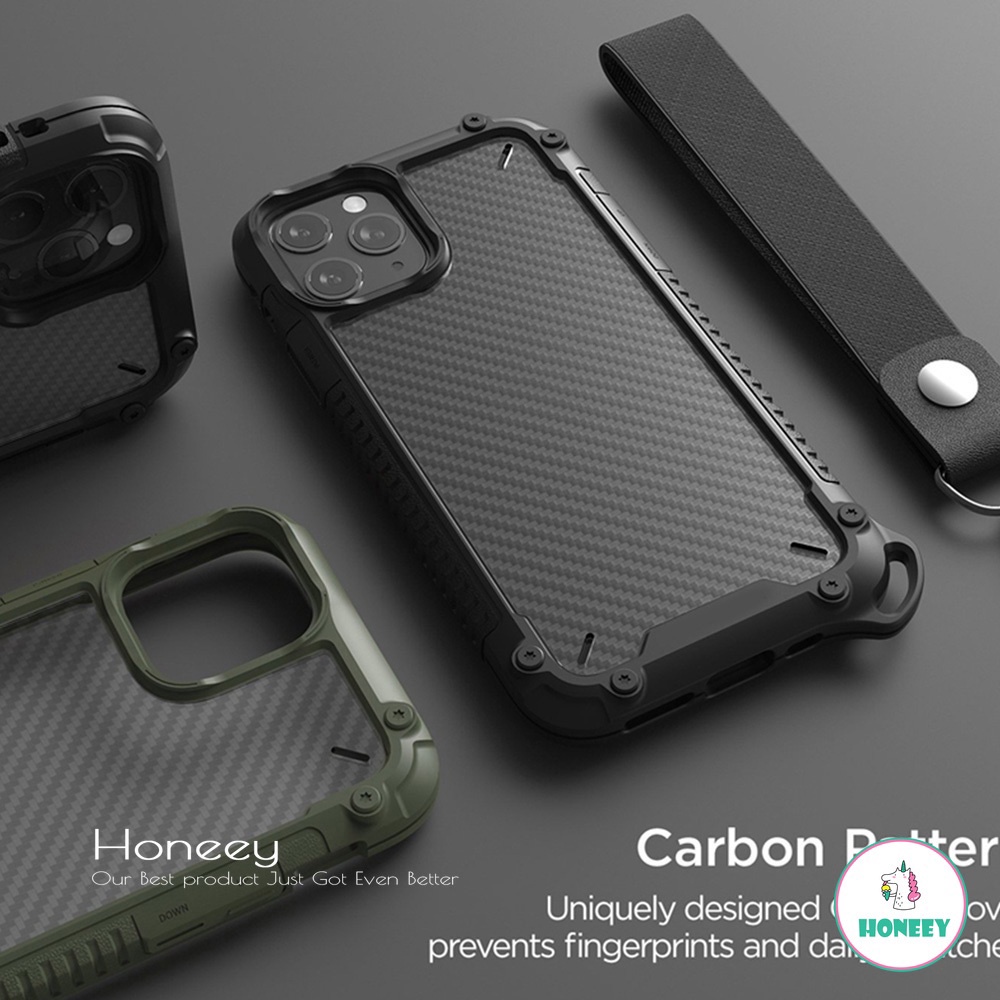 Armor Shockproof Bumper Lanyard Phone Case compatible for IPhone 13 12 11 Pro Max 7 Plus Carbon Fibre Texture Anti-Shock Soft TPU Case