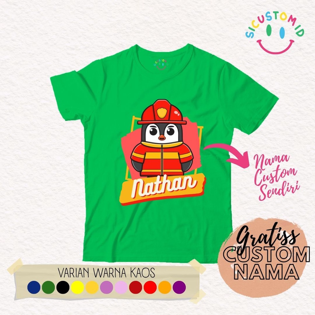 TERLARIS BAJU KAOS ANAK TANGAN PENDEK PENGUIN PEMADAM KEBAKARAN GRATIS CUSTOM NAMA / TULISAN KARTUN PROFESI / PEKERJAAN