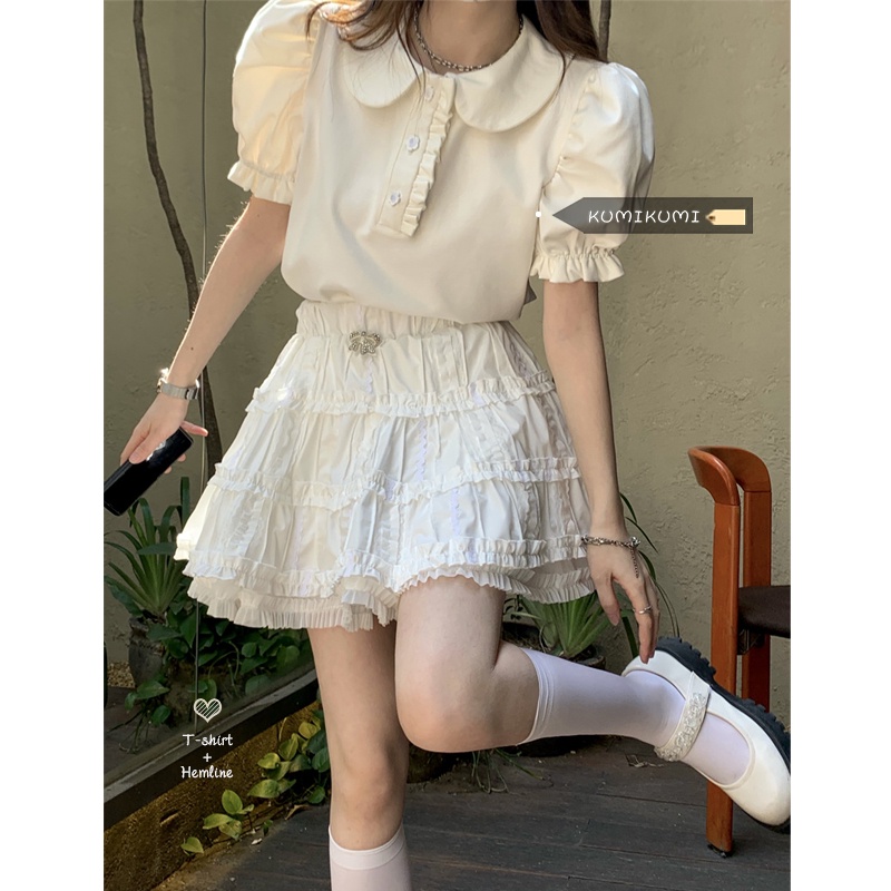 Red Salt Wear Sweet Suit Boneka Kerah Lengan Pendek Kemeja Wanita Musim Panas Tinggi Pinggang Rok Kecil Dua Potong Trendi