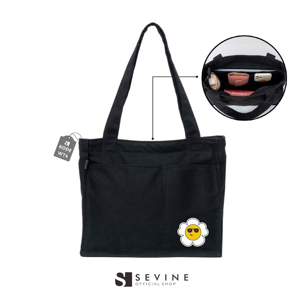 Sevine Totebag Kanvas Rebecca Tas Wanita Tote Bag Kuliah Sekolah Sekat Resleting Laptop Hitam Elegan Aesthetic - WT