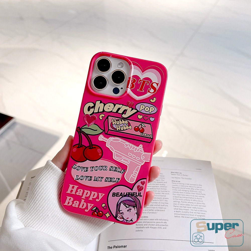 IPHONE Permen Glossy Case Kompatibel Untuk Iphone7 8 Plus XR 11 13 14 12 Pro Max X XS Max SE 2020 Rose Red Label Kartun Cherry Kamera Perlindungan Tahan Guncangan Lembut TPU Silicon Back Cover