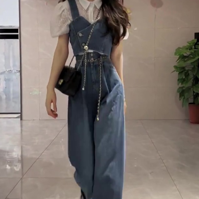Set Rompi Denim Wanita Set Celana Jeans Lebar Pinggang Tinggi