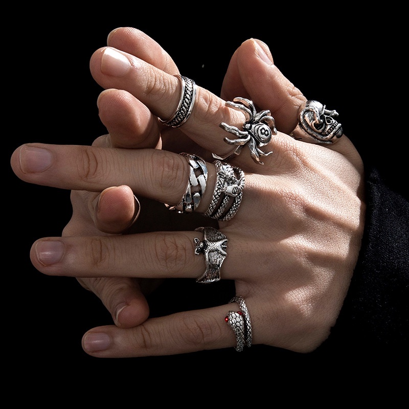 Fashion Hip-hop Retro Punk Cincin Pria Retro Vintage Spider Tua Ular Kelelawar Kerangka Double Headed Snake Ring