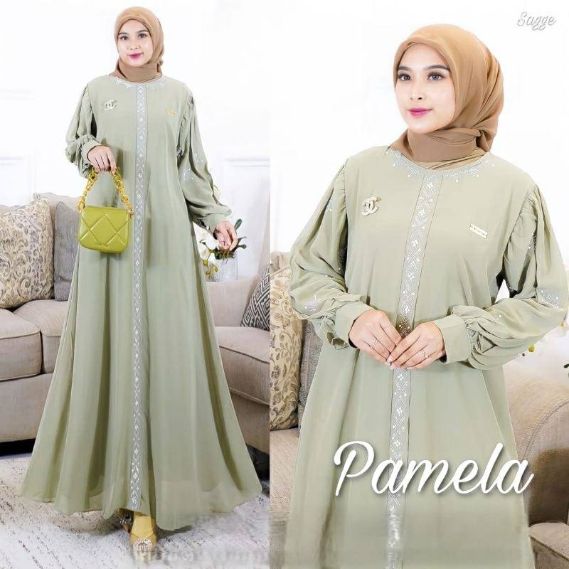 Pamela Dress Wanita Fashion Muslim Busui Zipper depan Bahan Ceruty Babydoll Full puring Motif Swaroski Mewah Elegan Kekinian - Baju Pakaian Perempuan Dewasa Jumbo LD 110 Kondangan Baju Lebaran Hari Raya