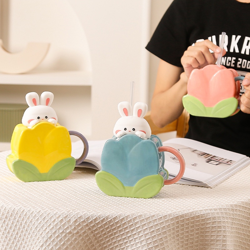 Mi.more Gelas Mug Keramik Rabbit Style With Straw Ceramic Cup Gelas Lucu Unik Bentuk Korean Style