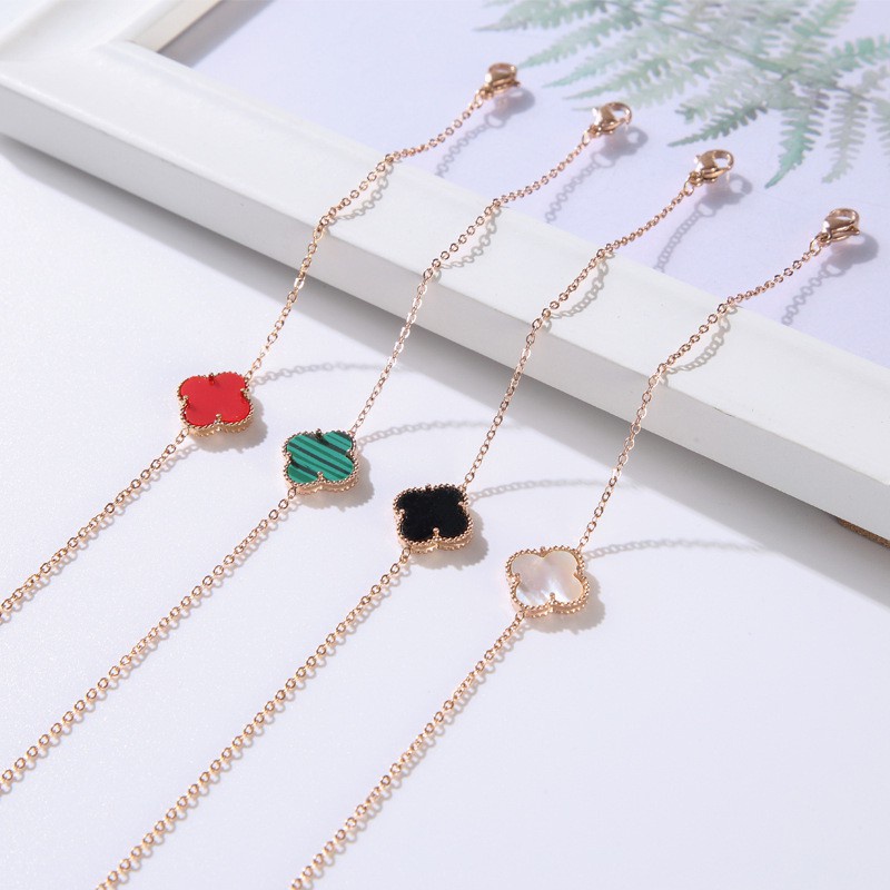 Gelang Hypoallergenic Tahan Air Warna Rose Gold Desain Daun Clover Gaya Jepang Korea Untuk Wanita