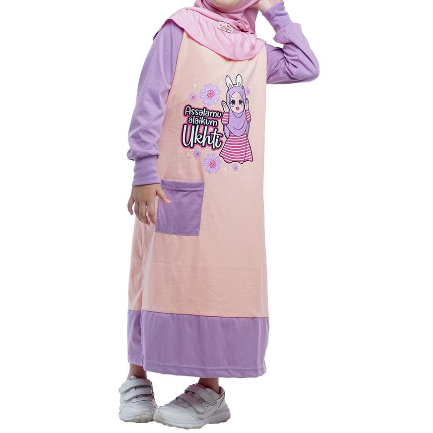 ➦ Dungdungkids Baju Gamis Kaos Anak Perempuan Muslimah Salam Ukhti Peach Ungu (Tanpa Jilbab) ☆