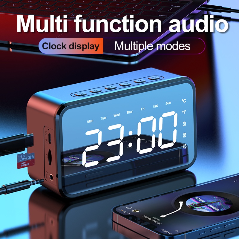 Speaker Bluetooth Alarm Clock LED Display Full Bass Stereo FM Radio Wireless Audio