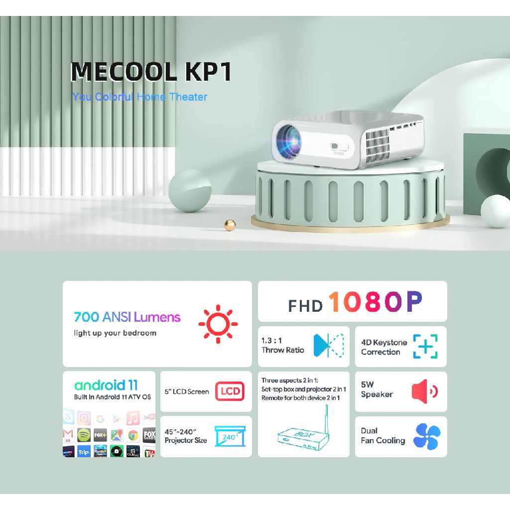 MECOOL KP1 - Full HD Smart Android Projector - 700 ANSI Lumens