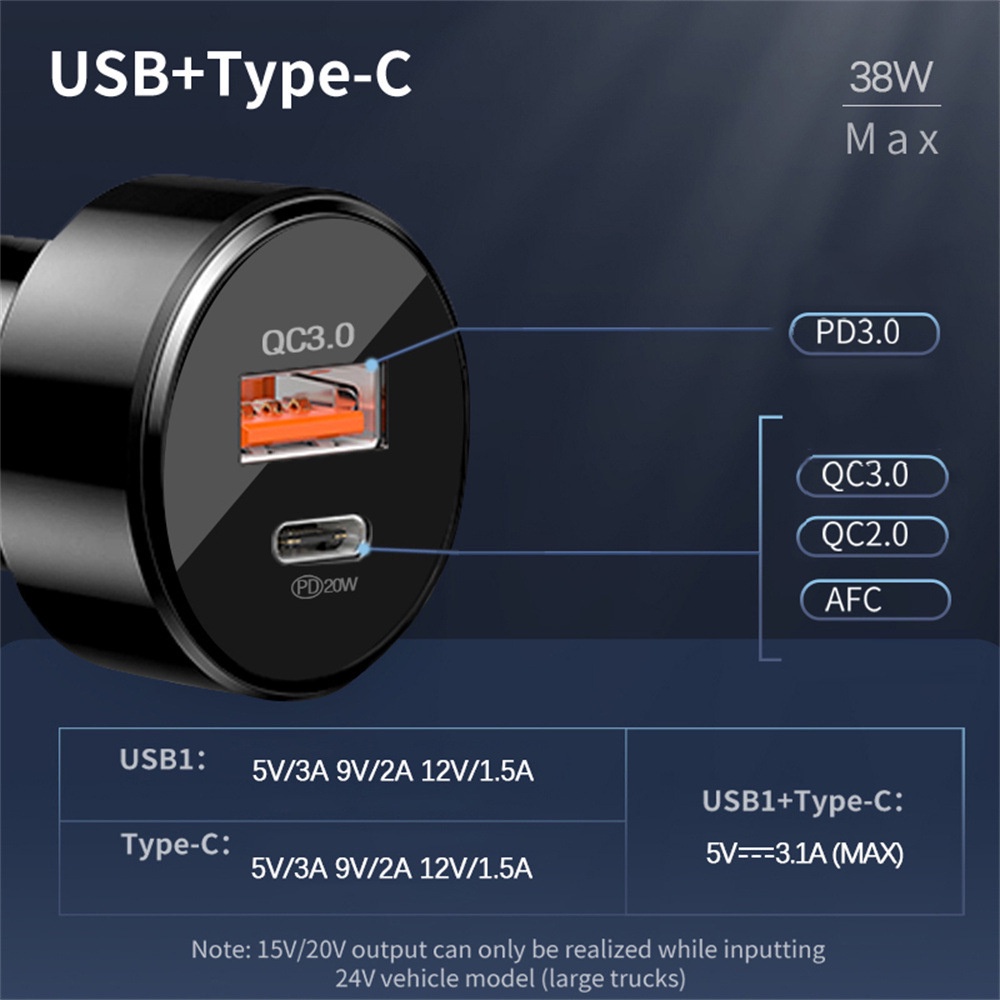 38w QC3.0+PD Dual Fast Charging 6A Luminous QC3.0 Flash Charge Adapter USB Charger Handphone Untuk i-Phone Android Tipe C Di Mobil